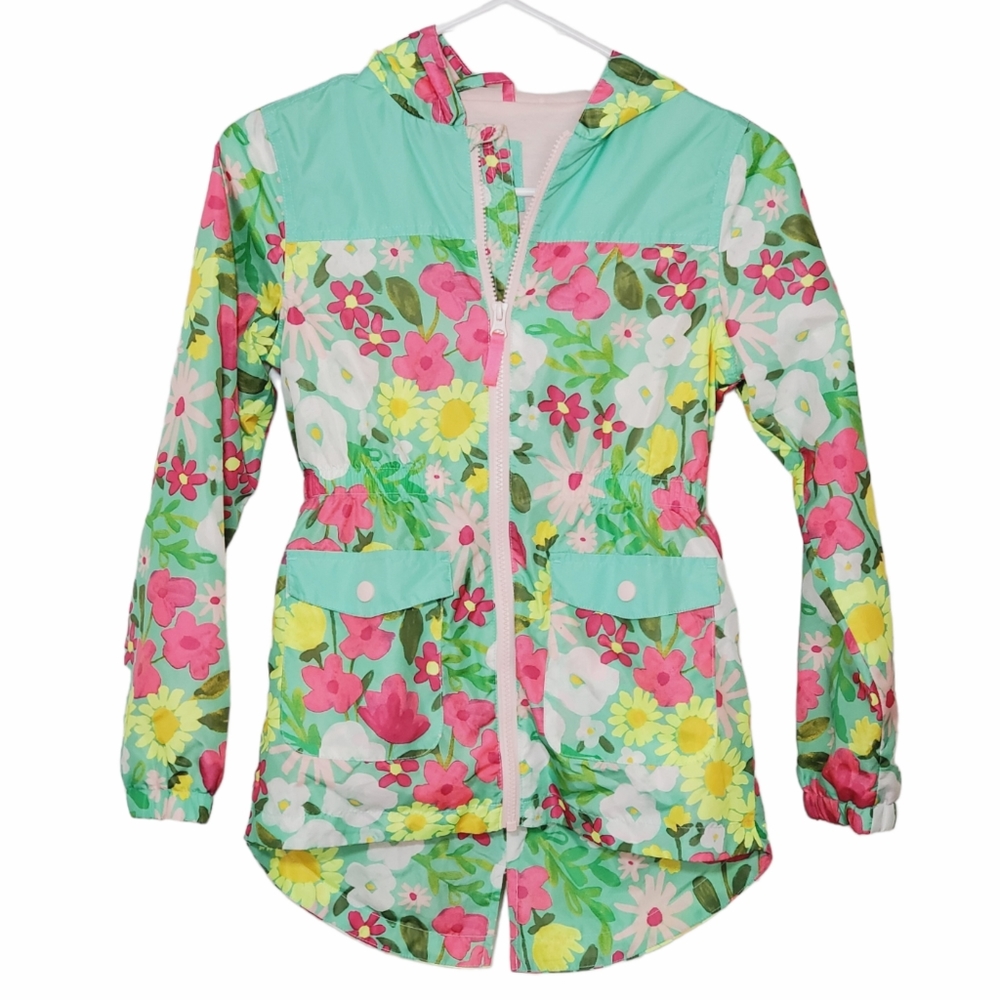 Cat & Jack Girls Floral Hooded Rain Jacket Windbreaker, Size Medium